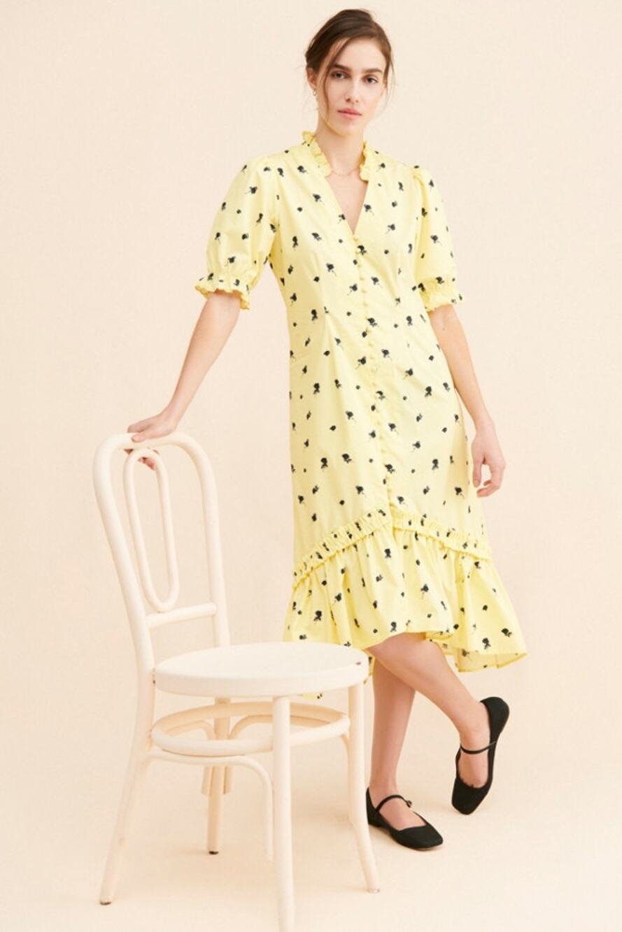 New Anthropologie CRAS Tuva Floral Midi Dress $269 SMALL 36 Yellow High-low Hem